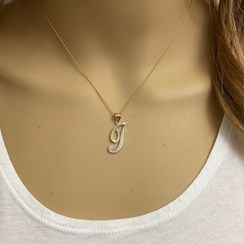 14k Solid Gold Initial Letter T Script Diamond Pe… - image 2